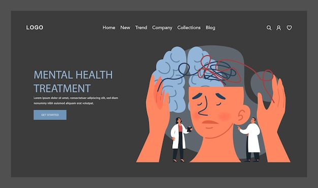 Psychotherapy web banner or landing page dark or night mode psychiatrist consulting patient on