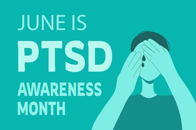 PTSD awareness month poster with crying man vector illustration