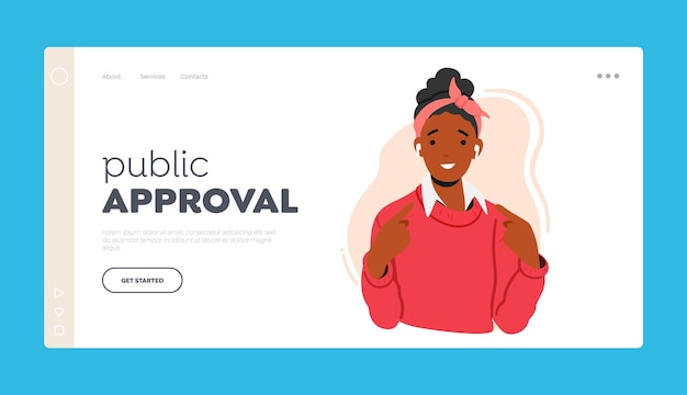 Vector public approval landing page template confident woman pointing to herself with a positive expression on her face