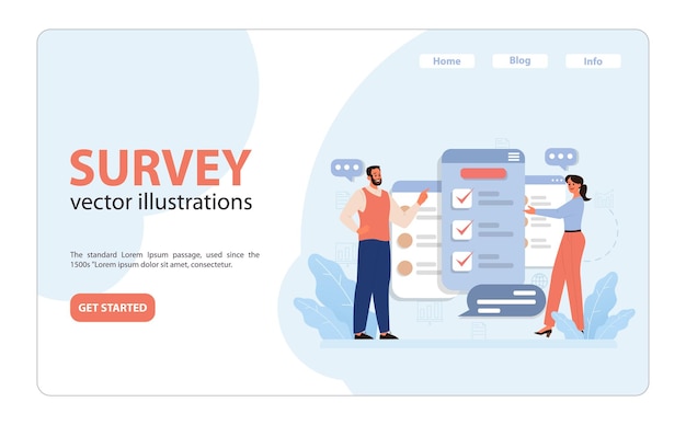 Vector public opinion polling web banner or landing page characters participation in an online survey