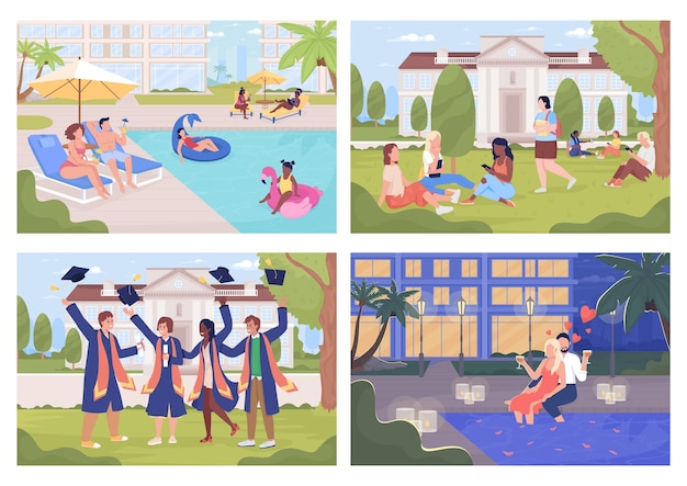 Public and private places in city flat color vector illustrations set