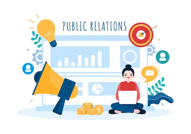 Vector public relations template hand drawn cartoon illustration with team for idea of marketing campaign