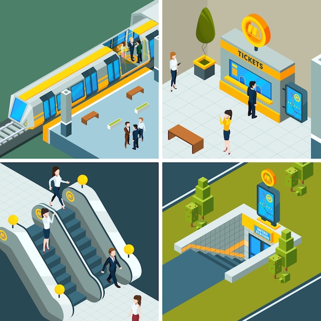 Public subway isometric, Metro railway escalator, train and subway gates people on railway station low poly 