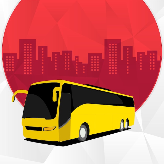 Public transport bus in the cityscape illustration. Red background.