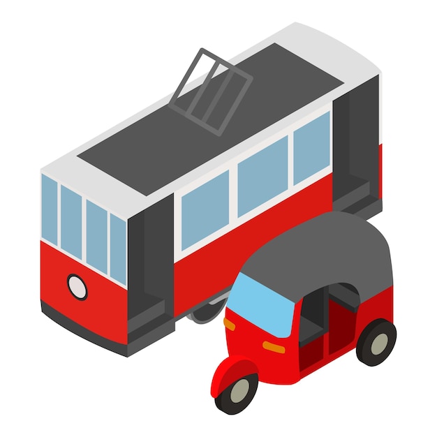 Public transport icon isometric vector Retro tram and tricycle scooter mototaxi icon Traditional turkish urban transport