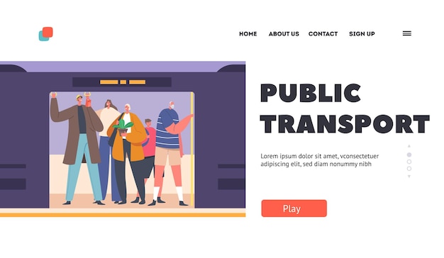 Public Transport Landing Page Template People at Subway Doorway Passengers Holding Handles in Underground Metro Train