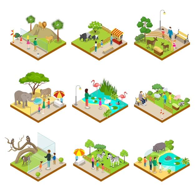 Public zoo isometric 3D set illustrations