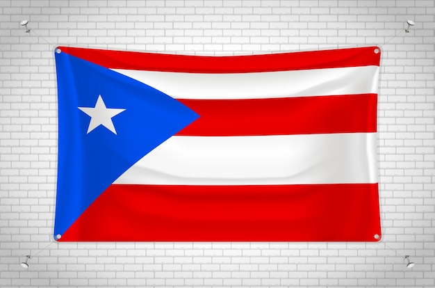 Puerto Rico flag hanging on brick wall. 3D drawing. Flag attached to the wall.