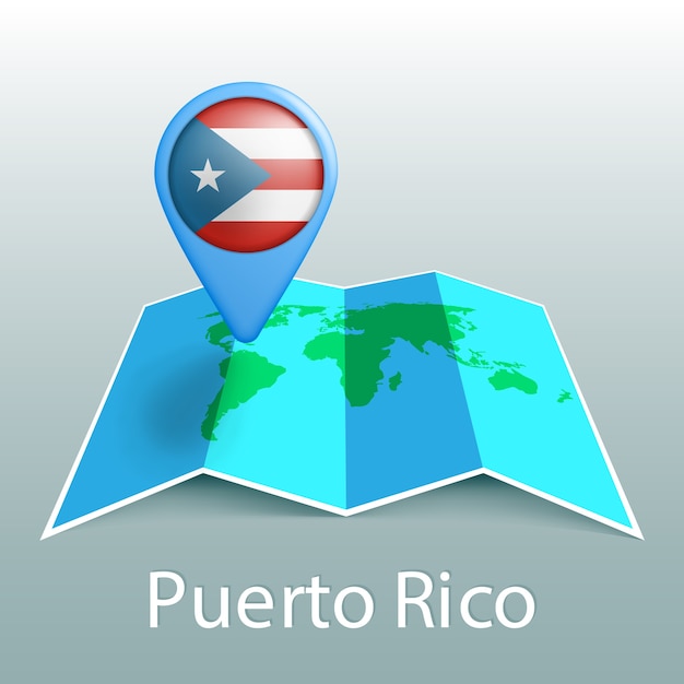 Puerto Rico flag world map in pin with name of country on gray background