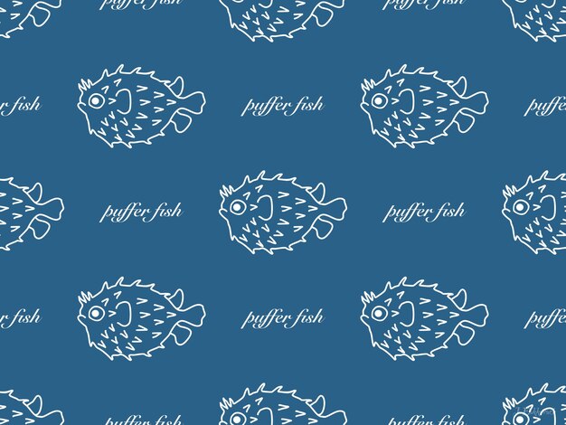 Puffer Fish cartoon character seamless pattern on blue background