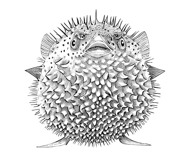 Puffer fish sketch hand drawn engraving Vector illustration.