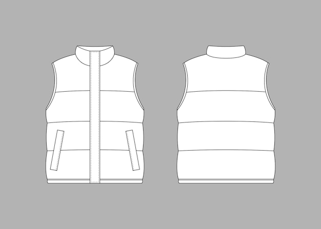 Vector puffer gilet template padded vest mockup vector flat technical drawing gilet mockup illustration