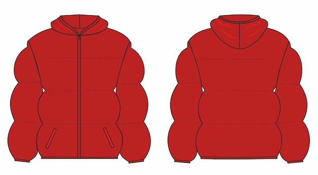 Vector puffer jacket in red front and back view vector