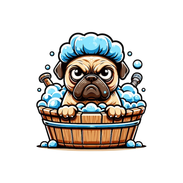 Vector pug or a bulldog looking grumpy while sitting in a wooden washbasin