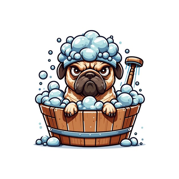 Vector pug or a bulldog looking grumpy in a wooden washbasin bubbles and the dog wearing a bath hat