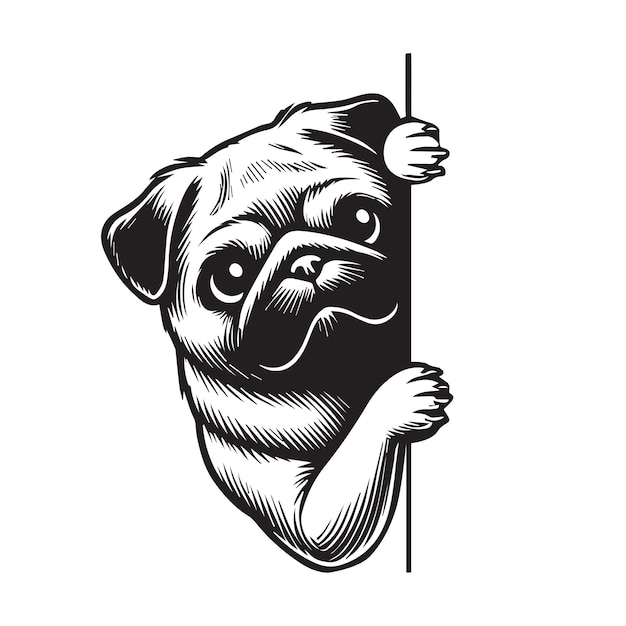 Vector pug dog peeking face dog clipart vector illustration in black and white