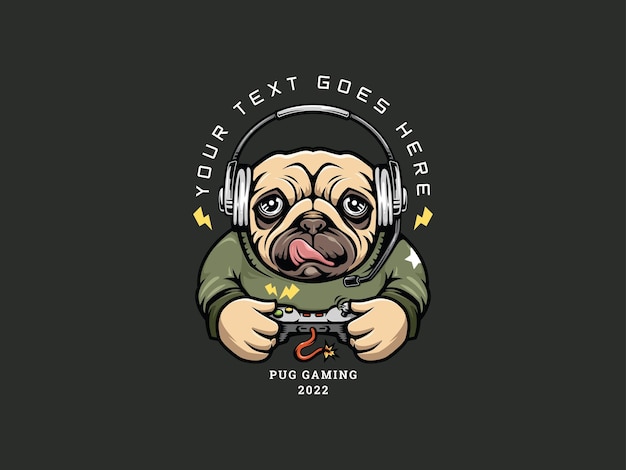 Pug Dog play the game. Gaming Logo Template