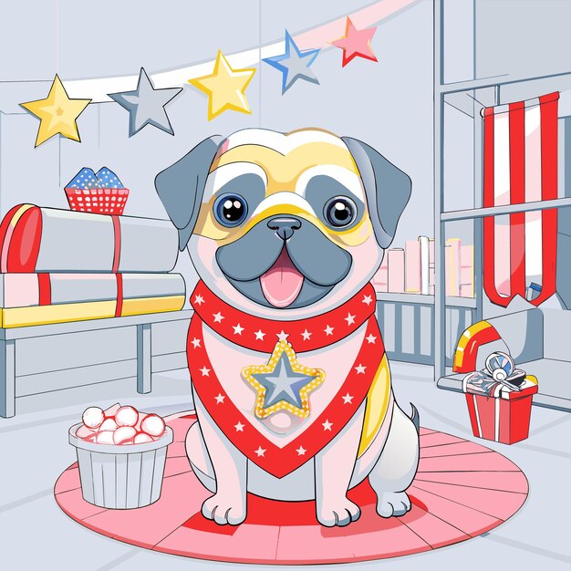 Vector a pug dog wearing a star vest sits on a rug in a room with a basket of candy