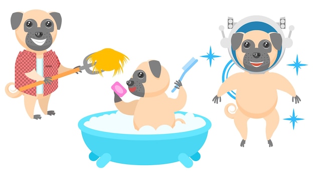 Pug Dogs Puppy Throws Hay With A Pitchfork Washes In The Bath Astronaut In Helmet Vector Design