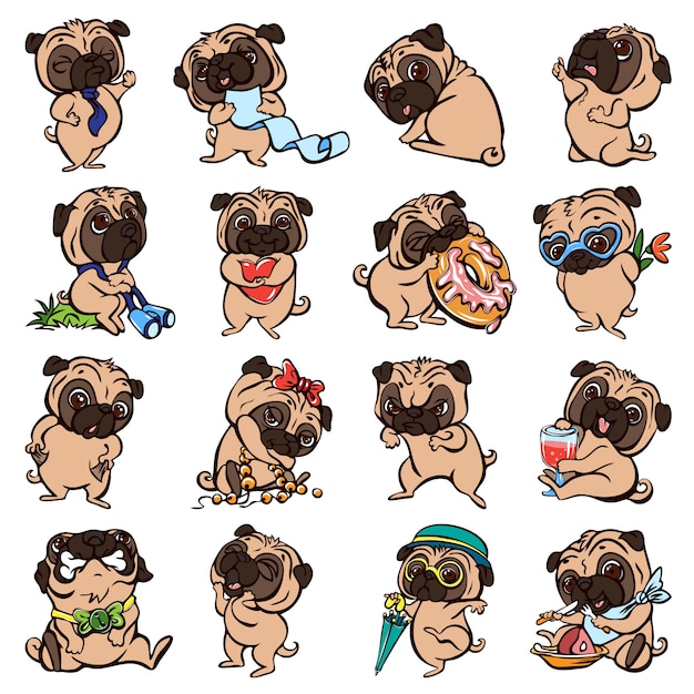 Pug icons set. Cartoon set of pug icons 