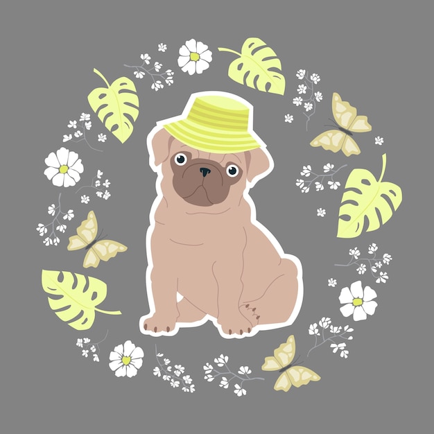 A pug in a panama hat. Cute print with monstera leaves flowers and butterflies. Vector illustration