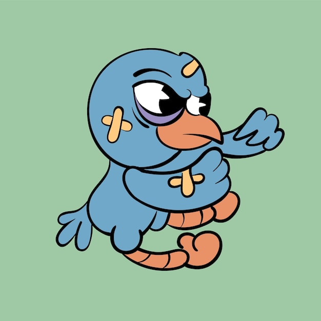 A pugnacious beaten bird in a plaster Vintage toons funny character vector illustration trendy classic retro cartoon style 30s