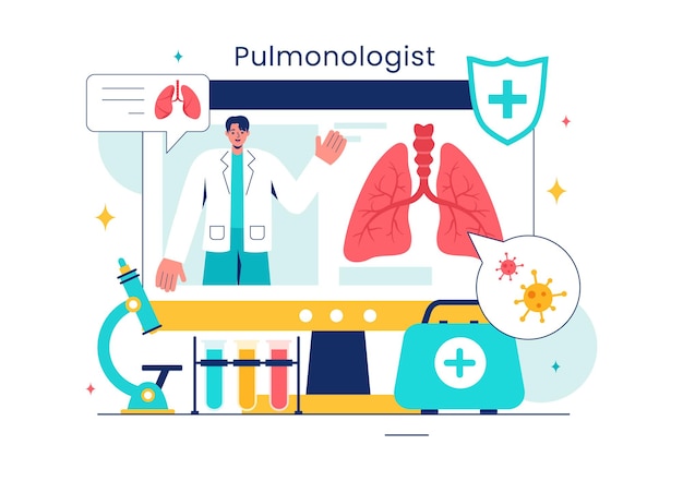 Vector pulmonologist vector illustration with pulmonology doctor lungs respiratory system examination and treatment in flat style cartoon background