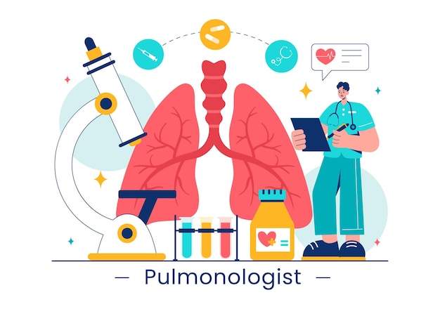 Vector pulmonologist vector illustration with pulmonology doctor lungs respiratory system examination and treatment in flat style cartoon background