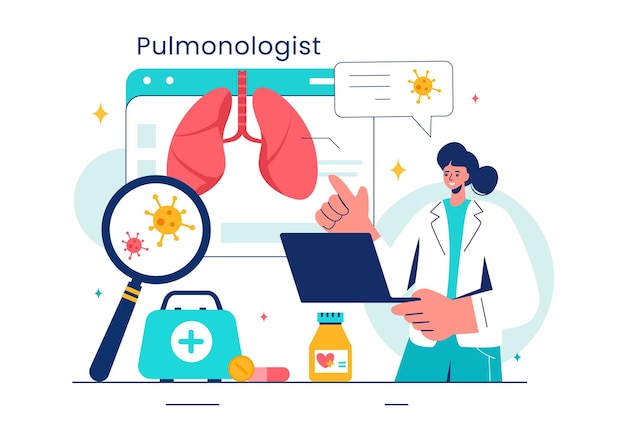 Vector pulmonologist vector illustration with pulmonology doctor lungs respiratory system examination and treatment in flat style cartoon background