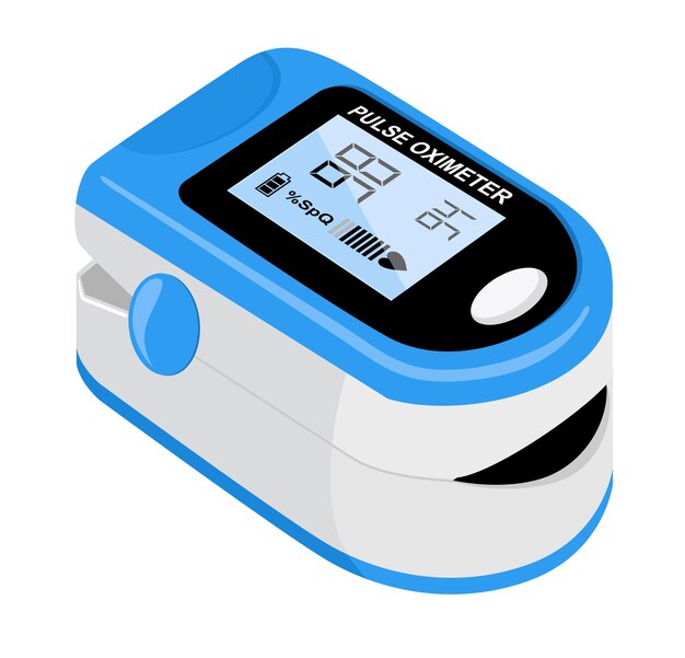 Vector pulse oximeter icon on the median finger for measuring oxygen in the blood. health care for blood saturation test. vector illustration on white background.