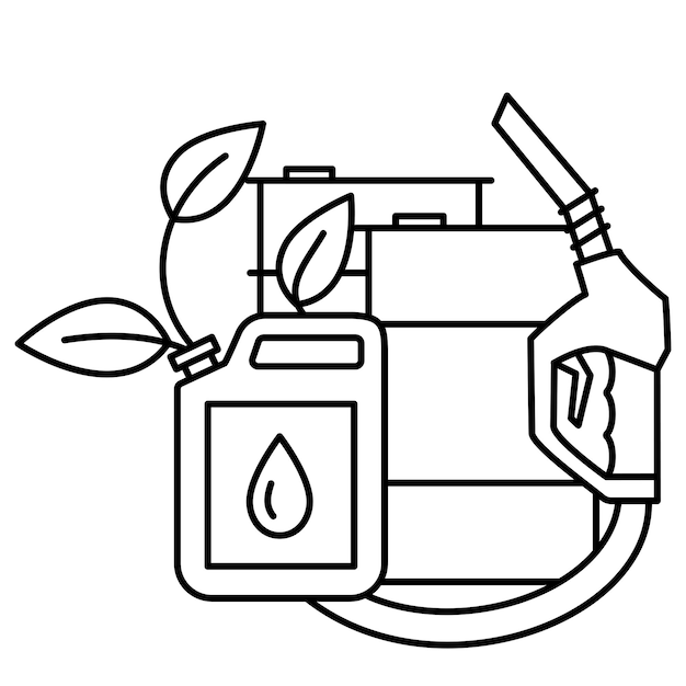 Pump nozzle with growing green leaf oil barrel and fuel canister in outline Ecological biofuel concept Eco friendly industry alternative energy symbol