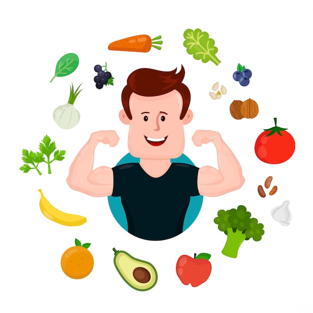 Pumped-up sport fitness young man around vegetables and fruits. 