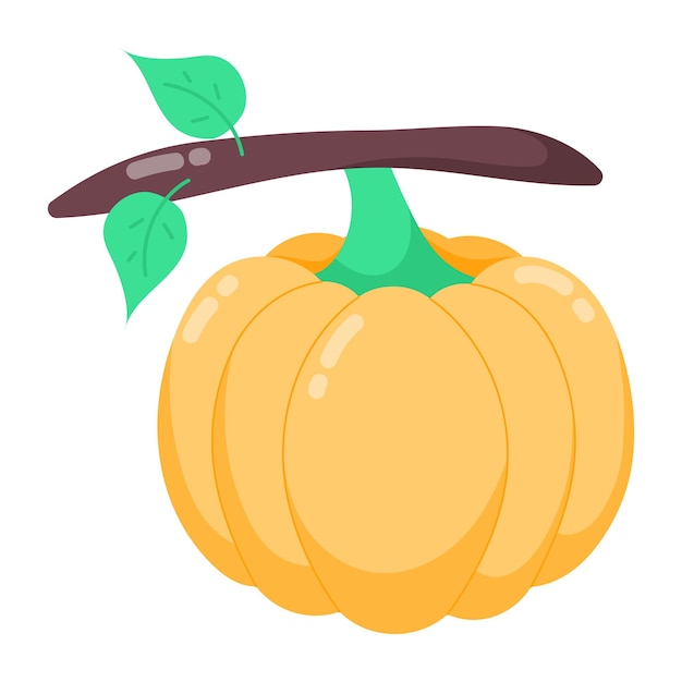 A pumpkin on a branch with a leaf on it.