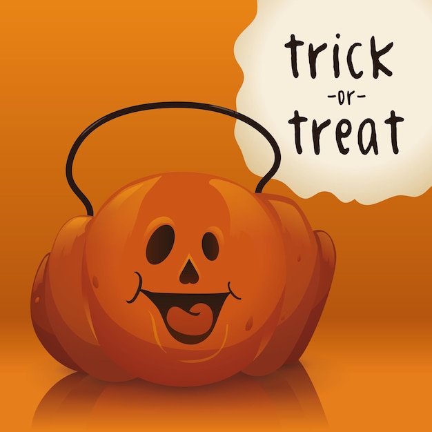 Pumpkin candy basket with happy gesture and trick or treat sign for Halloween