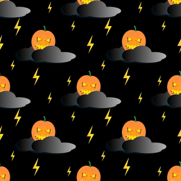 Pumpkin character vector graphic design with black clouds black background seamless pattern design for your wallpaper backdrop cover and design needs