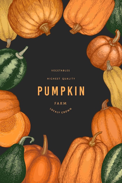 Pumpkin color design template. Vector hand drawn illustrations. Thanksgiving backdrop in retro style with pumpkin harvest. Autumn background.