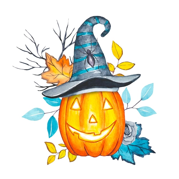 Pumpkin composition Watercolor Halloween illustration isolated