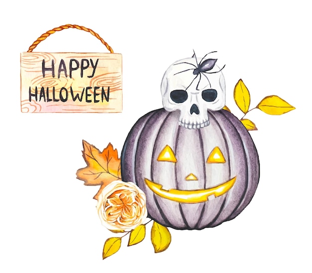 Pumpkin composition Watercolor Halloween illustration