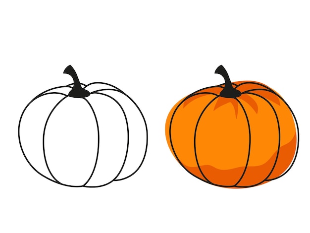 Pumpkin contour drawing Halloween pumpkin in color and black outline pumpkin silhouette on a white background