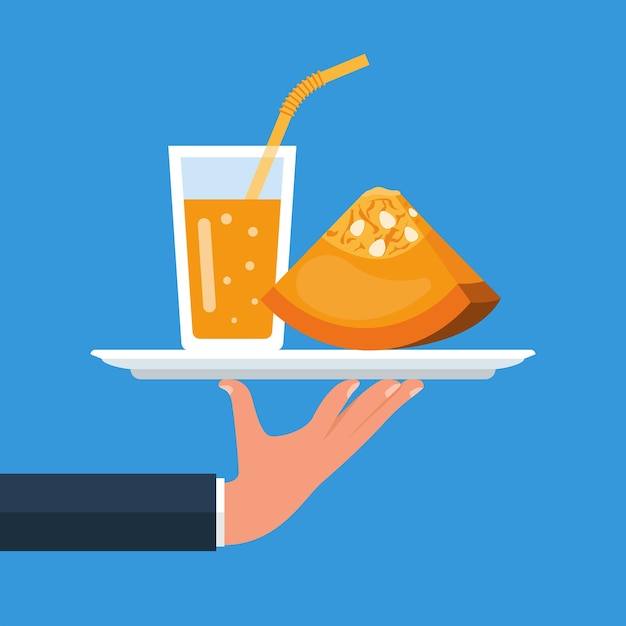 Pumpkin Fresh on tray Waiter serves cocktail smoothie Vector flat