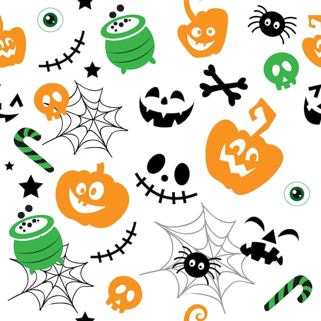 Pumpkin funny faces spider skeleton and cobweb seamless pattern Vector illustration isolated