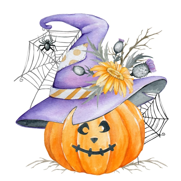 Pumpkin hat spider web flowers Watercolor cartoonstyle clipart for Halloween celebration