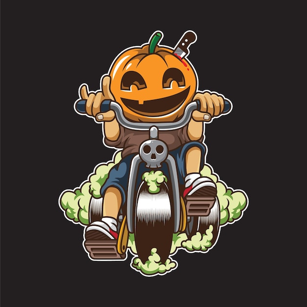 Pumpkin head bike ride cartoon illustration