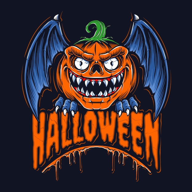 Pumpkin head halloween with bat wings illustration