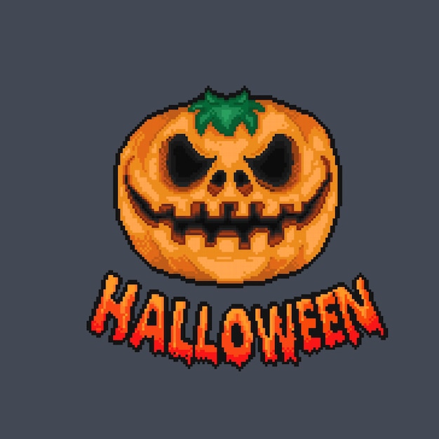 pumpkin head with halloween title in pixel art style