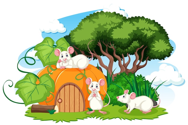 Vector pumpkin house with three mouses cartoon style on white background