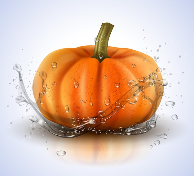 Pumpkin isolated on white background with splashes of water