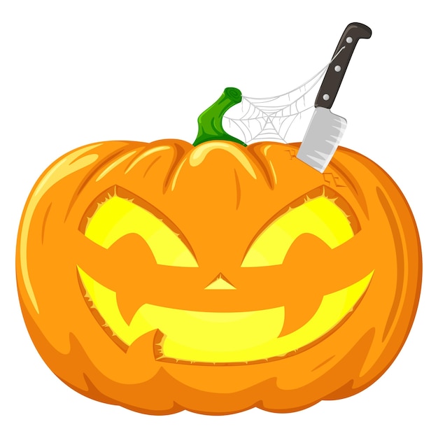 Pumpkin and knife for Halloween party on white background.