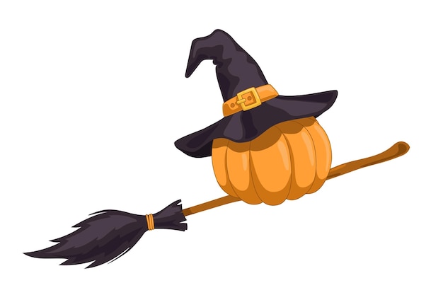 Pumpkin in a magic hat flying on broom