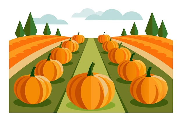 Vector pumpkin patch with ripe pumpkins growing in neatly arranged rows